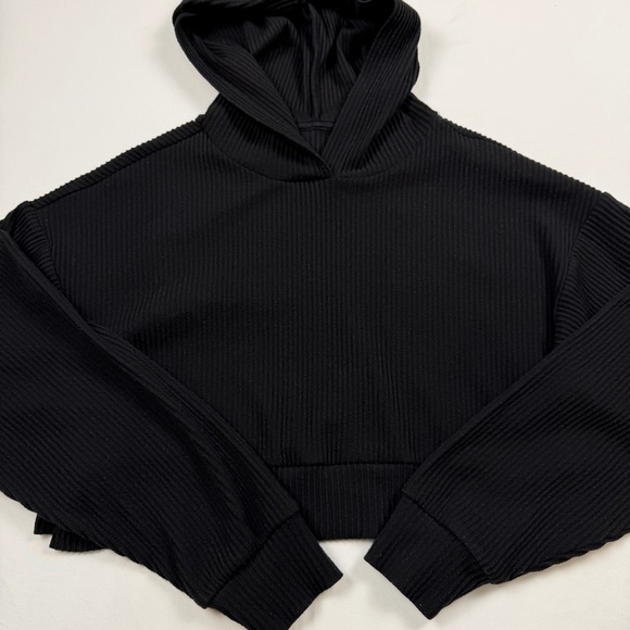 Alo Yoga Muse Ribbed Cropped Black Hoodie Logo Sleeve Small - Picture 13 of 15